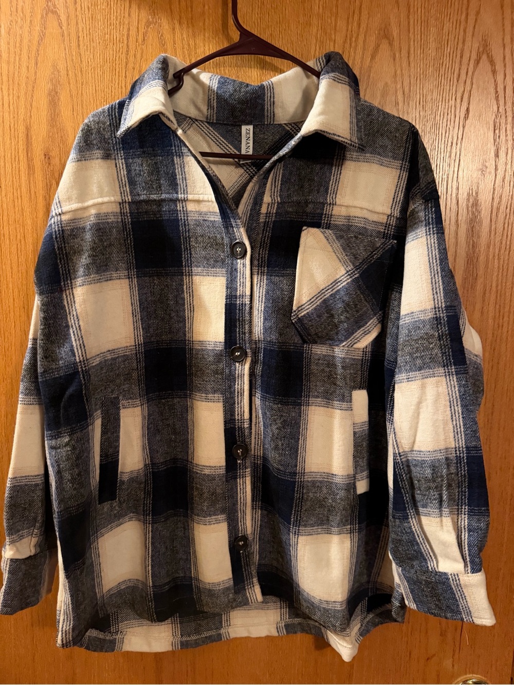 Zenana Outfitters Navy and White Plaid Button-Down Shirt Jacket